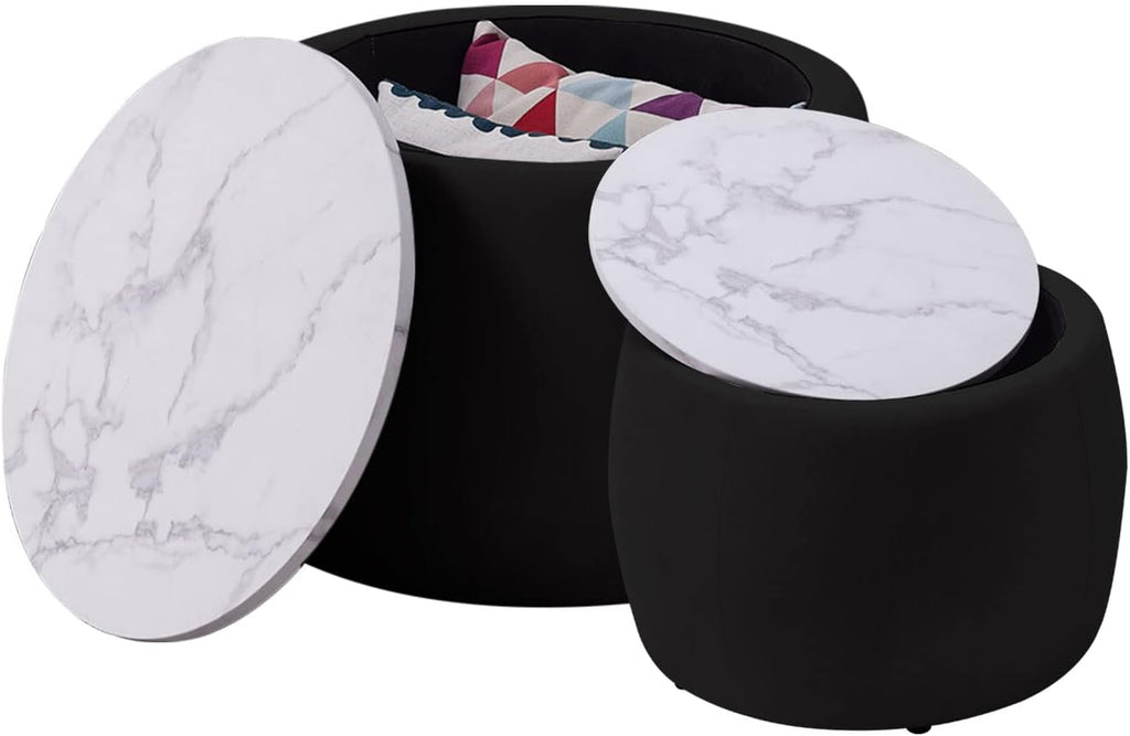 Black Round Coffee Table Set of 2 Nesting Storage Ottoman Velvet Fabric R958241