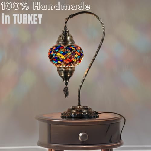 Turkish Moroccan Mosaic Table Lamp Handcrafted Tiffany-Style Colorful Glass Swan Neck Bedside Desk Table Light Boho Artisan Accent Lighting 15" H Black White W746591