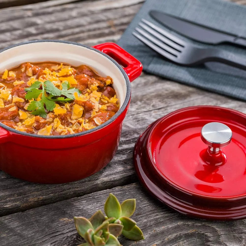 8 Ounce Red Enameled Cast Iron Mini Casserole Dish with Lid E38469