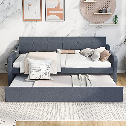Twin Size Upholstered Wood Day Bed with Pop up Trundle (Grey) P372