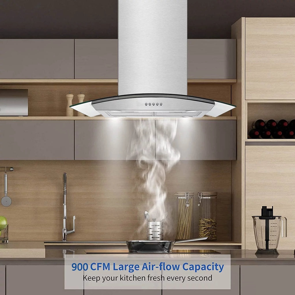30 inch Island Mount Range Hood 900CFM Tempered Glass Stainless Steel M373