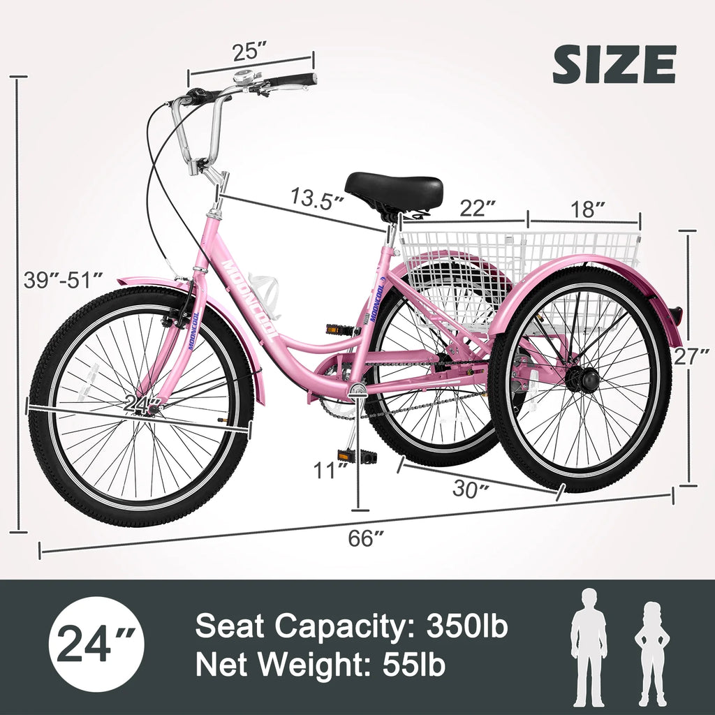 24 inch 3 Wheel Single Speed Adult Tricycle with Shopping Basket S9449