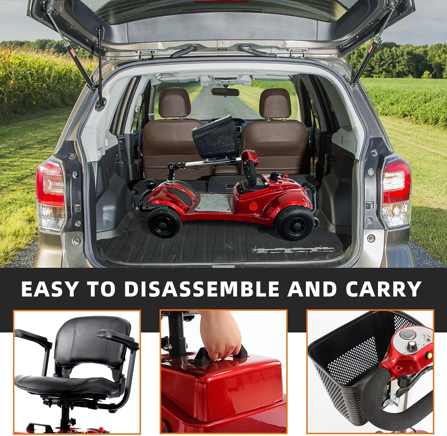 Red Foldable 4 Wheel Mobility Scooter with Basket and Light P832494