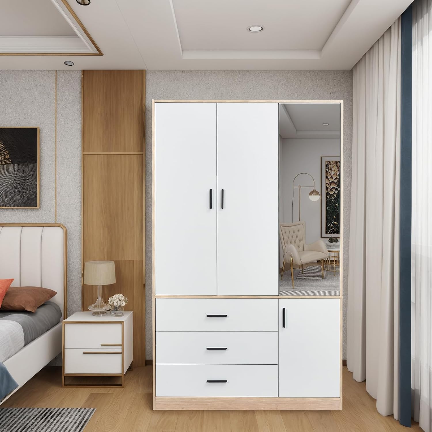 Wooden Wardrobe Closet with 3 Drawers and 2 Doors T7030