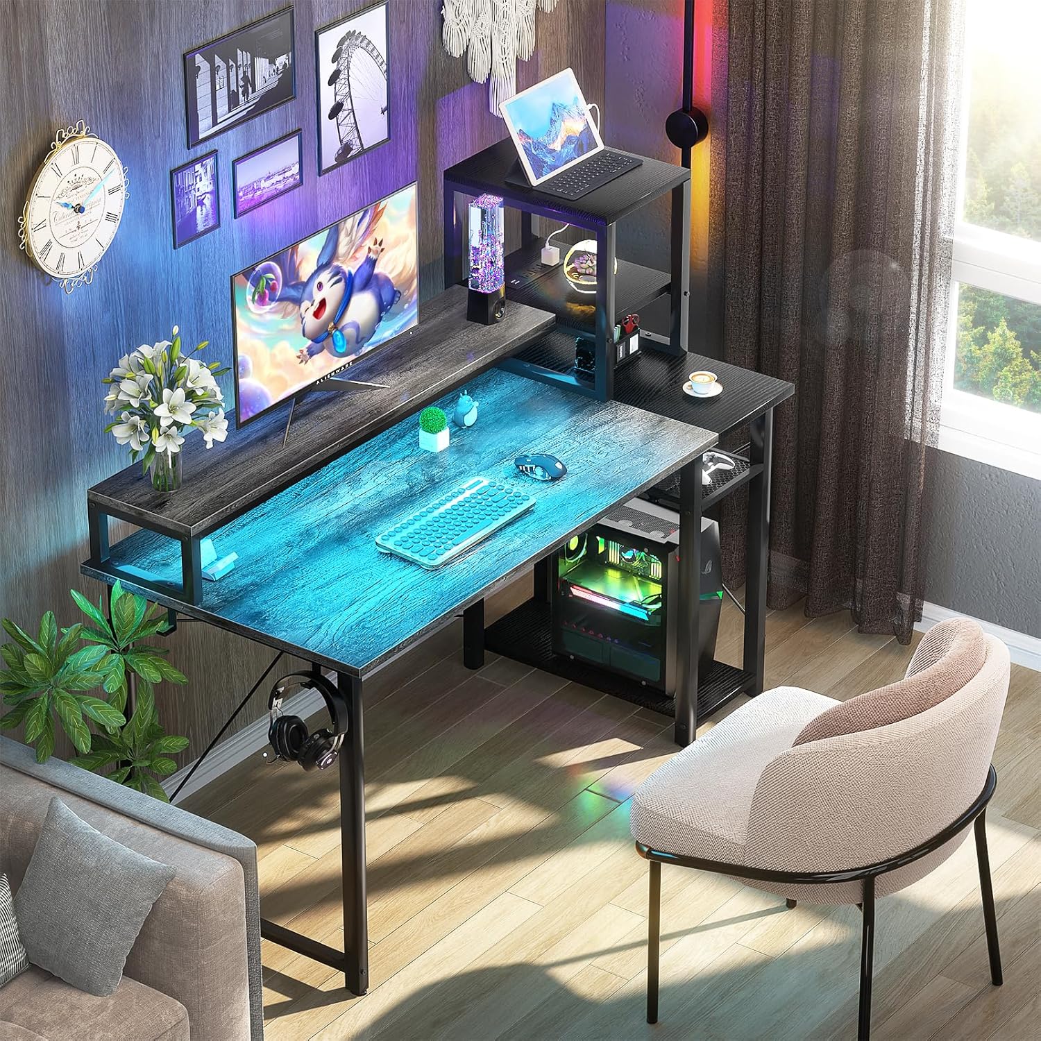 Grey Gaming Desk with LED and Storage Shelves Z589675