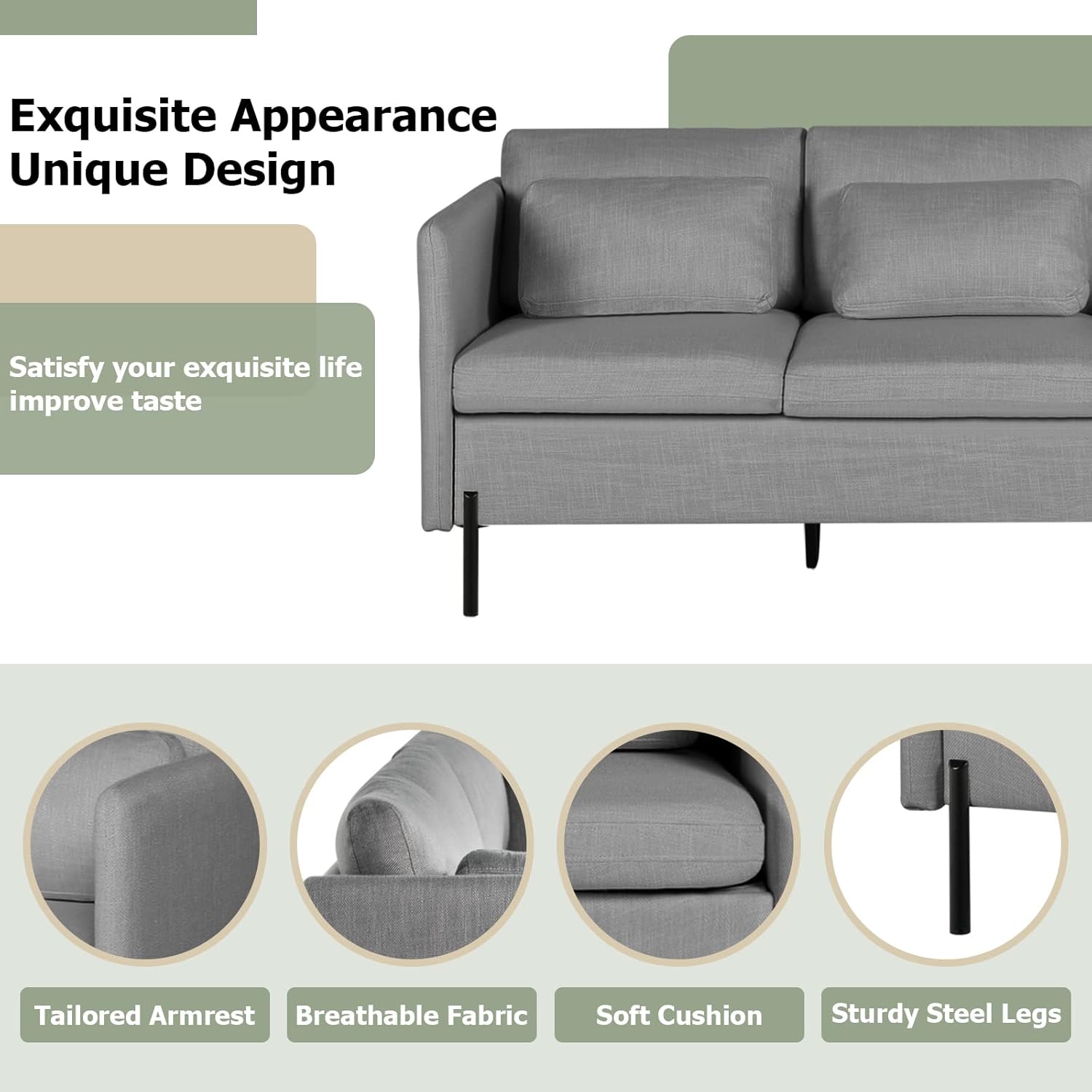 Grey 3 Pcs Upholstered Sofa Set with Pillows E982