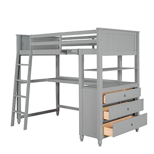 White Twin Size Loft Bed with Desk, Wood Frame, Shelves, Drawers G35781