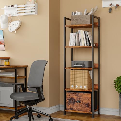 Black 5 Tier Bookshelf with Drawer, Tall Narrow Bookcase, Wood and Metal G573006