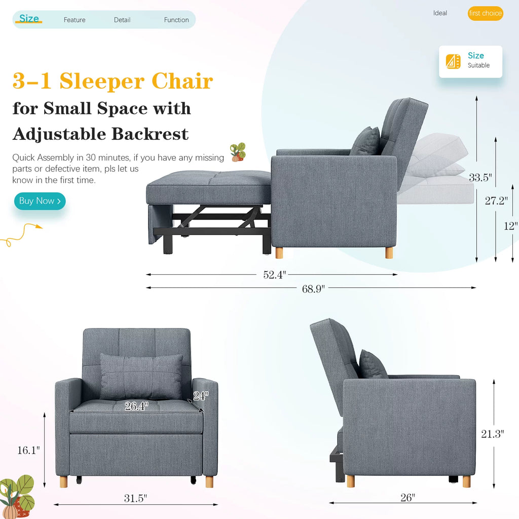 Dark Grey Sleeper Sofa Chair with Extra Pillow B178440