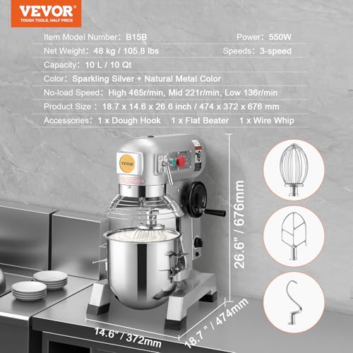 Commercial Food Mixer 10Qt Stainless Steel Bowl 450W 3 Speeds U411