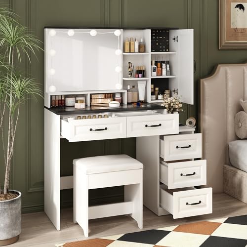 White Glass Top Vanity Desk with Mirror and 5 Drawers O9845