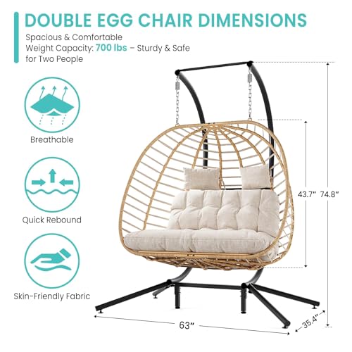 Double Egg Swing Chair with Stand, 2 Person Hanging Wicker Hammock Chairs with Cushion, Dark Grey E942