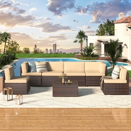 7 Piece PE Rattan Outdoor Patio Furniture Set with Cushions and Tea Table V5150