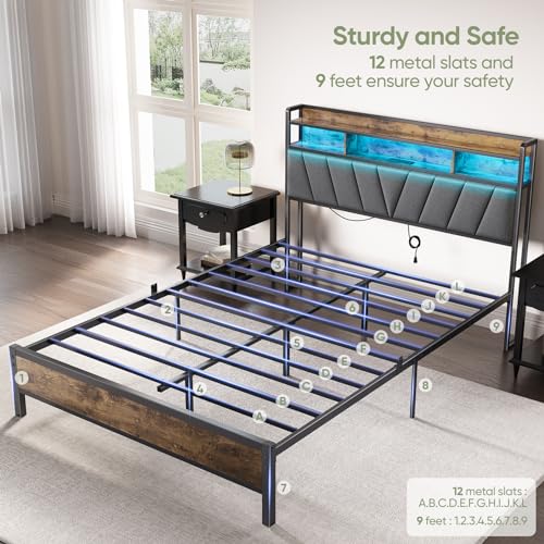 Brown Metal Bed Frame with LED Lights and Storage Headboard I5447