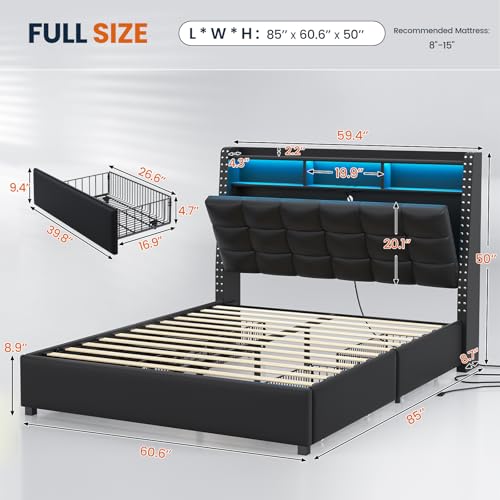 Full Size Upholstered Bed Frame with Headboard and 4 Drawers, Grey I66668
