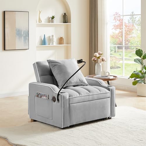 Grey Velvet Convertible Sleeper Sofa Chair Bed Z826