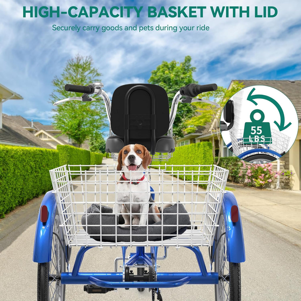 Blue 26 Inch 7 Speed 3 Wheel Tricycle with Removable Baskets P162911