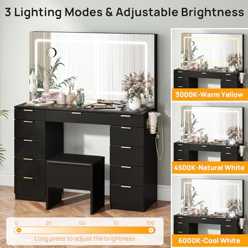 Vanity Desk with Sliding Lighted Mirror, Stool, 8 Storage Shelves, 5 Drawers, Charging Station L4156