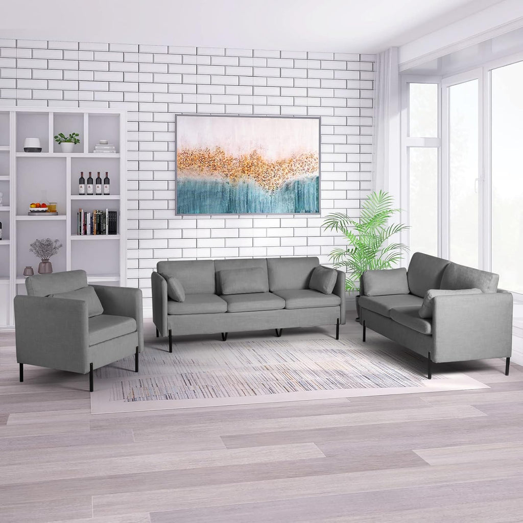 Grey 3 Pcs Upholstered Sofa Set with Pillows E982