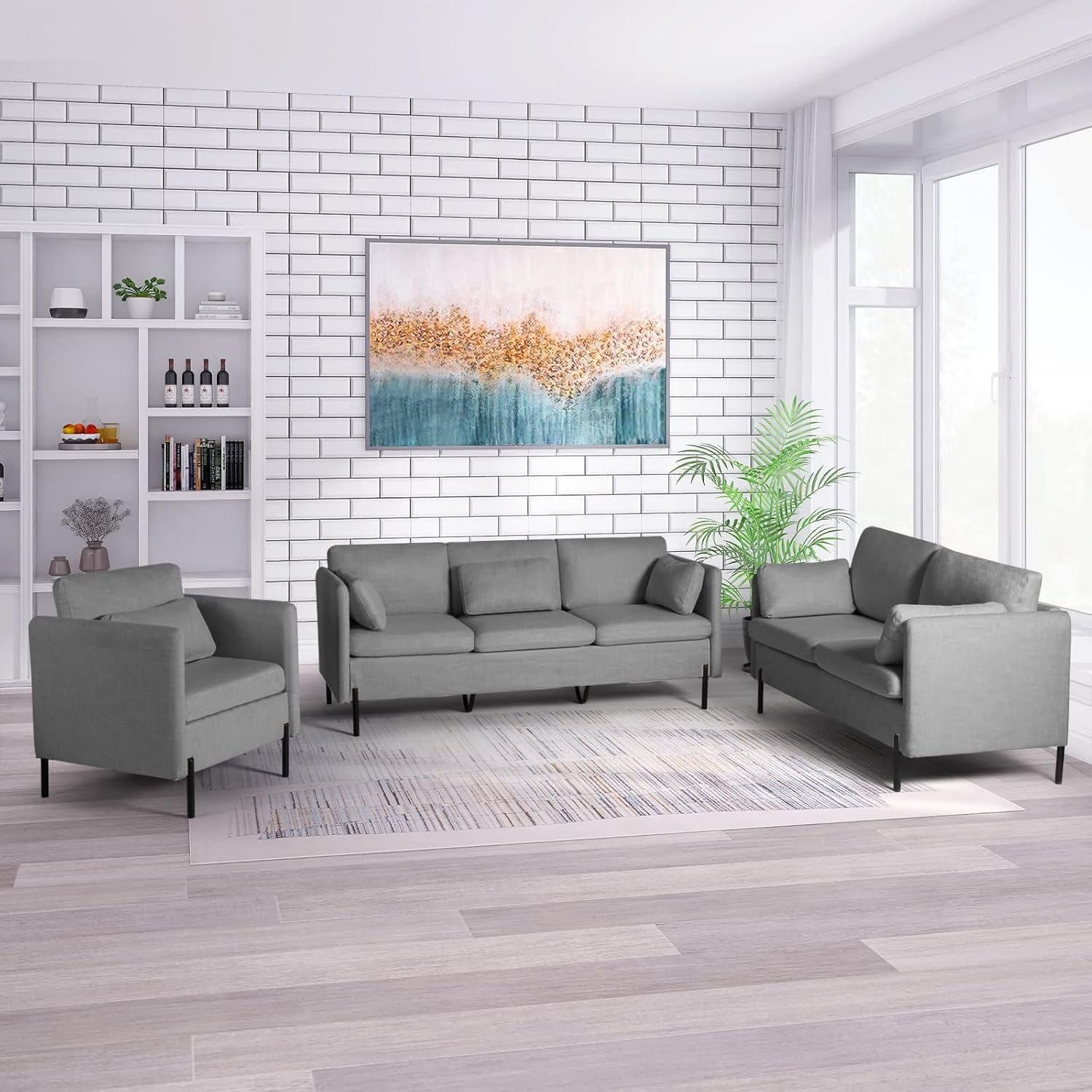 Grey 3 Pcs Upholstered Sofa Set with Pillows E982