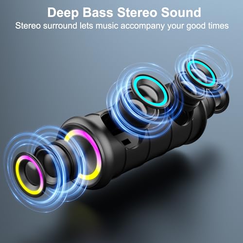 Portable Bluetooth Speaker with 20W HD Loud Stereo Sound, 15H Playtime, IP7 Waterproof, LED Lights, Built-in Mic Q366