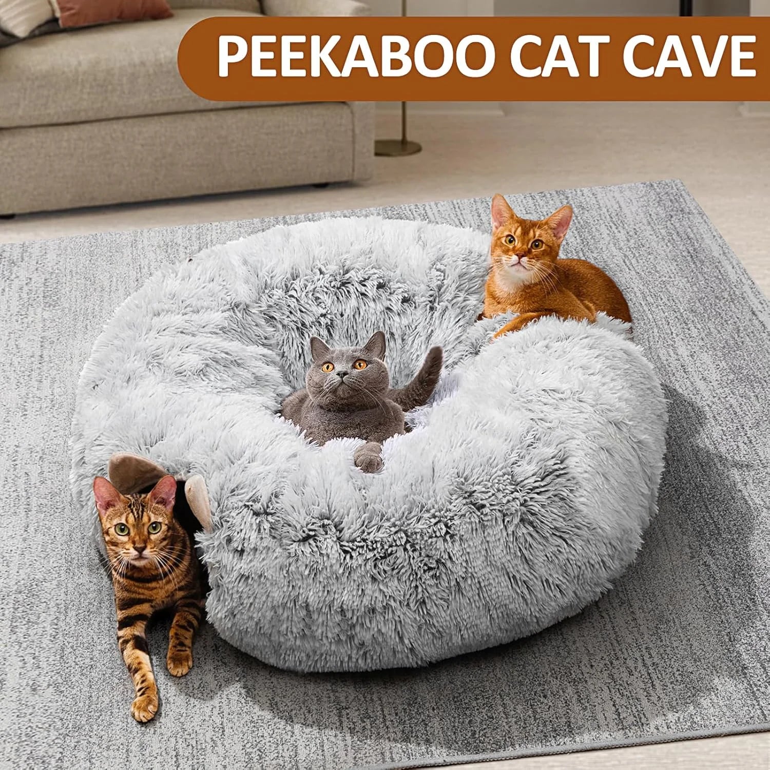 Grey Plush Cat Tunnel with Cat Bed L163