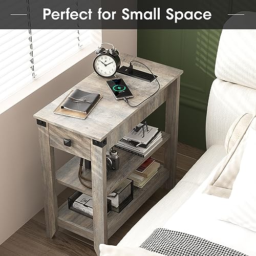 Set of 2 Narrow Side Table with Charging Station and Storage Drawer Rustic Grey Z638692