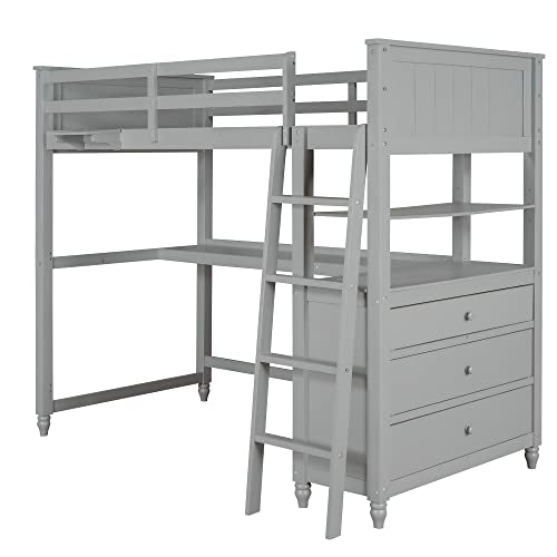 White Twin Size Loft Bed with Desk, Wood Frame, Shelves, Drawers G35781