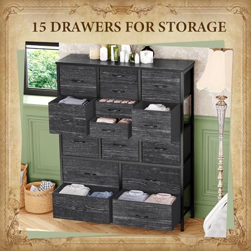 White 15 Drawer Fabric Dresser with Metal Frame and Wood Tabletop P76872