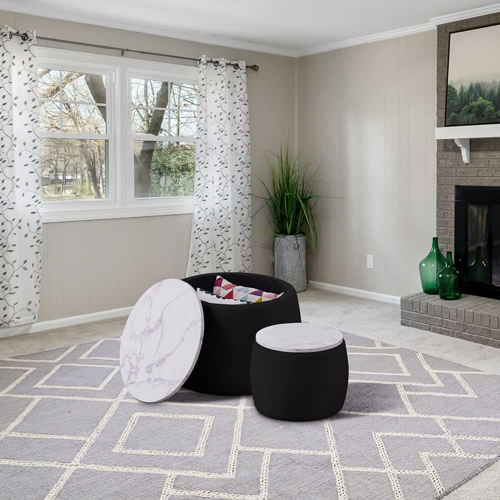 Black Round Coffee Table Set of 2 Nesting Storage Ottoman Velvet Fabric R958241
