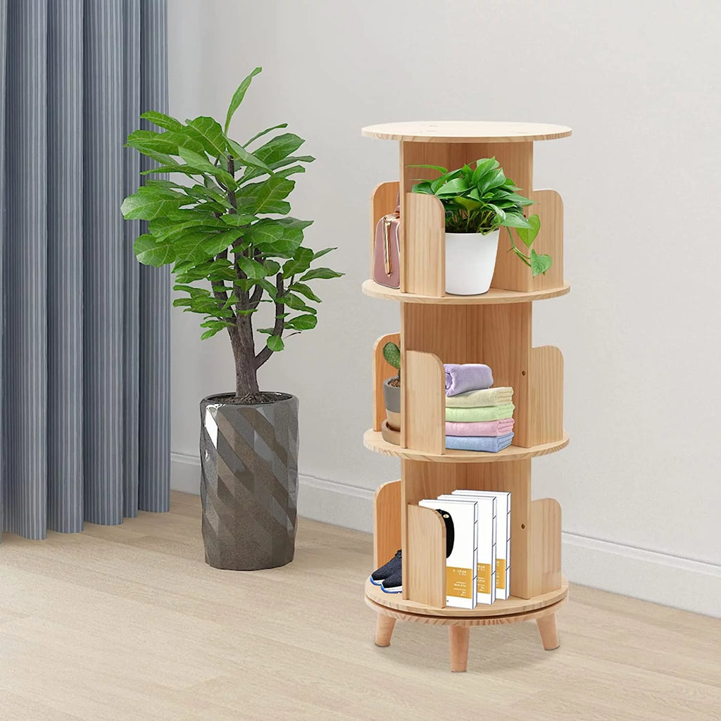 Wooden Rotating Bookshelf with 4 Legs Floor Standing Bookcase 3 Tiers M799757