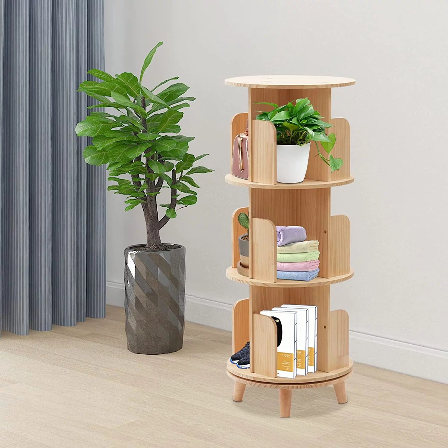 Wooden Rotating Bookshelf with 4 Legs Floor Standing Bookcase 3 Tiers M799757