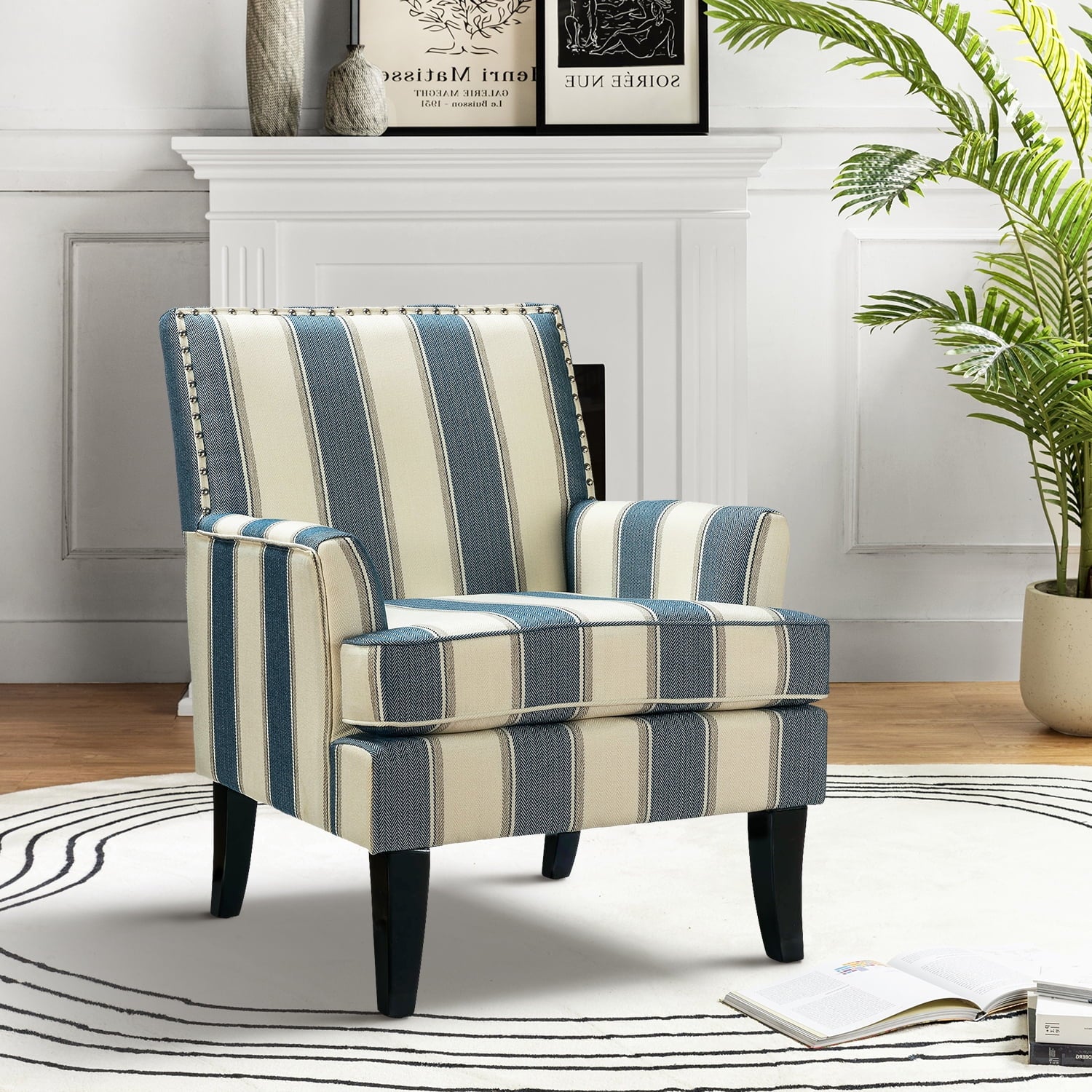 Navy Upholstered Accent Chair with Wood Legs A48577
