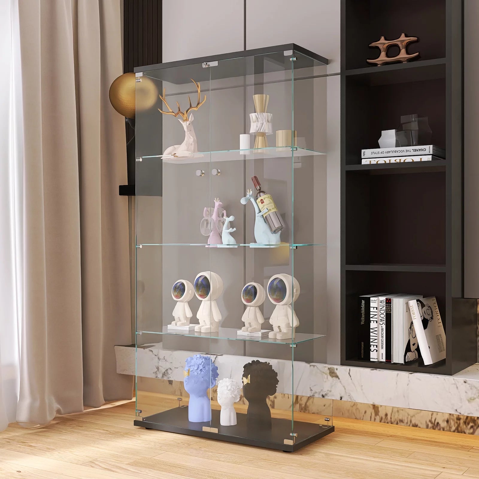 Black Glass Display Cabinet with 4 Shelves E126699