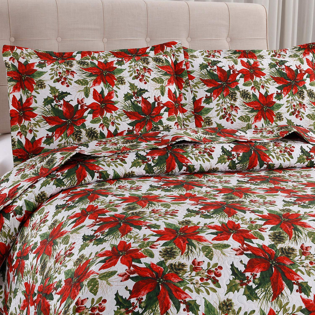 King Size Poinsettia Floral Lightweight Bedspread Coverlet with Pillow Shams D71217