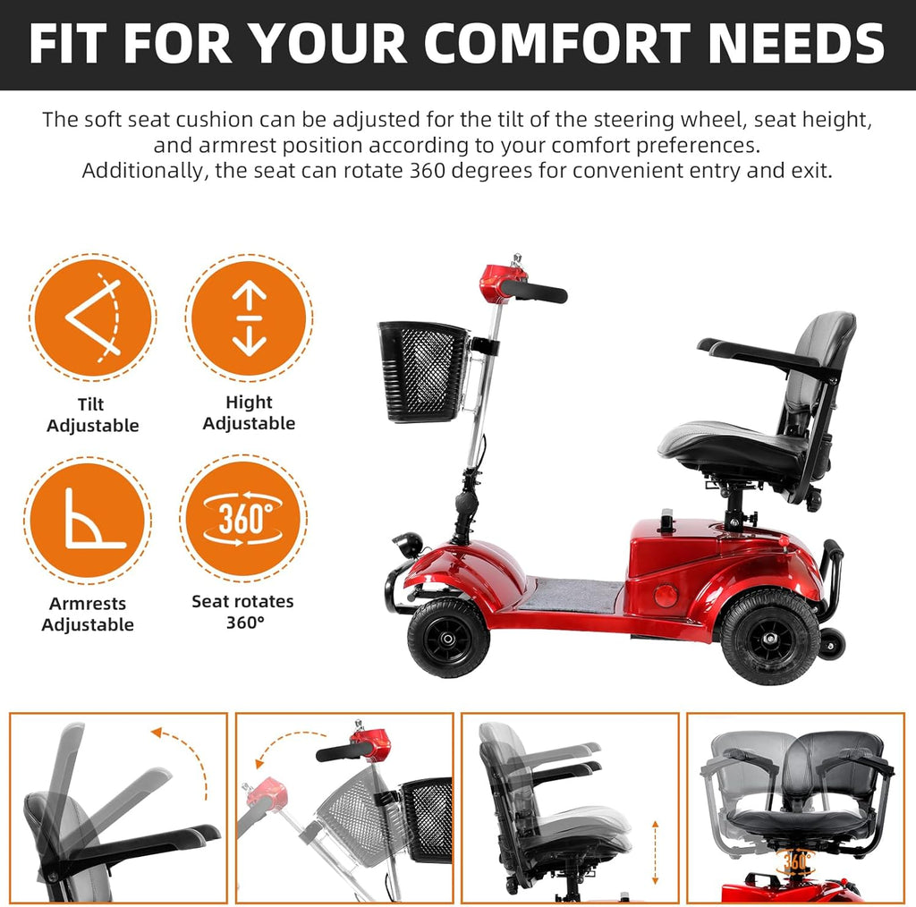 Red Foldable 4 Wheel Mobility Scooter with Basket and Light P832494