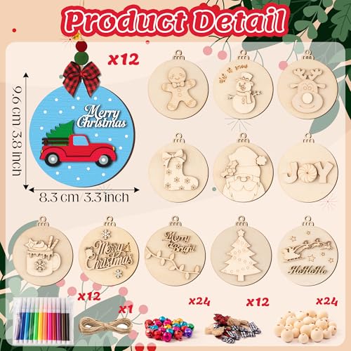 12 Styles Unfinished Wooden Christmas Ornaments Kit with Paint Pens K235916