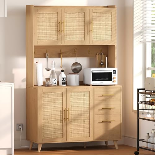 Black and Natural Tall Kitchen Pantry Cabinet with Microwave Shelf and Charging Station V384375