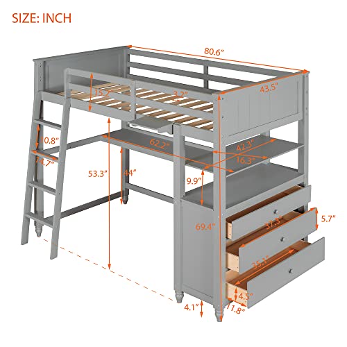 White Twin Size Loft Bed with Desk, Wood Frame, Shelves, Drawers G35781