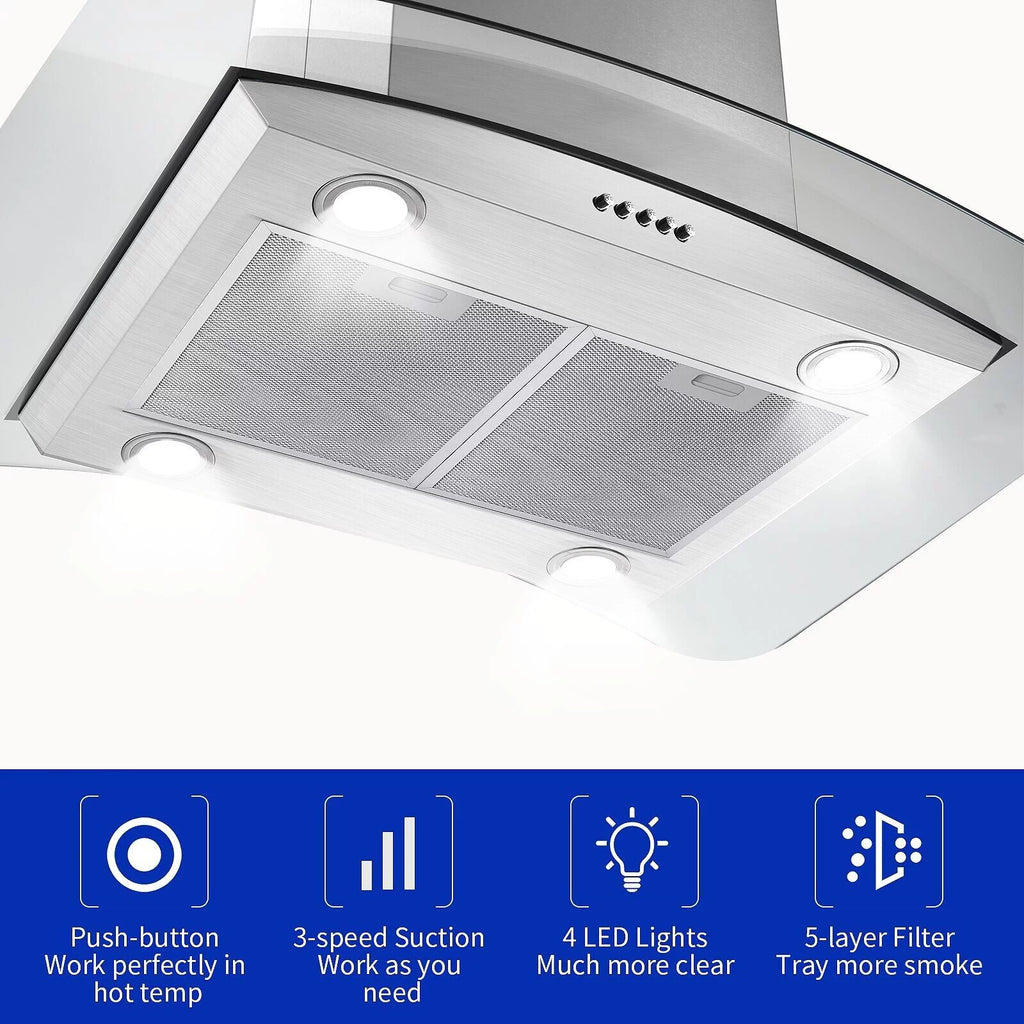 30 inch Island Mount Range Hood 900CFM Tempered Glass Stainless Steel M373