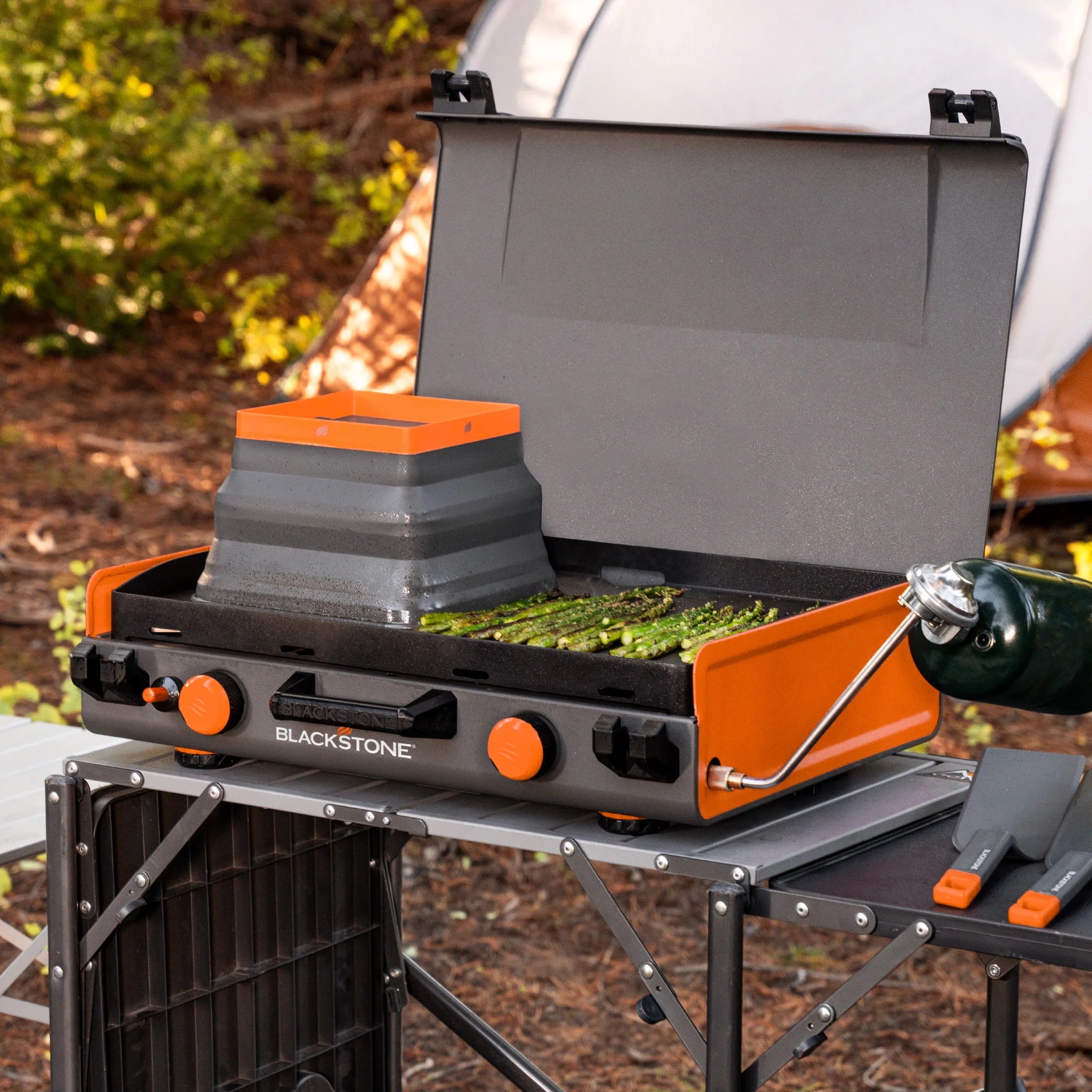20"x14" 2-Burner Propane Camping Griddle with Latching Hood V787