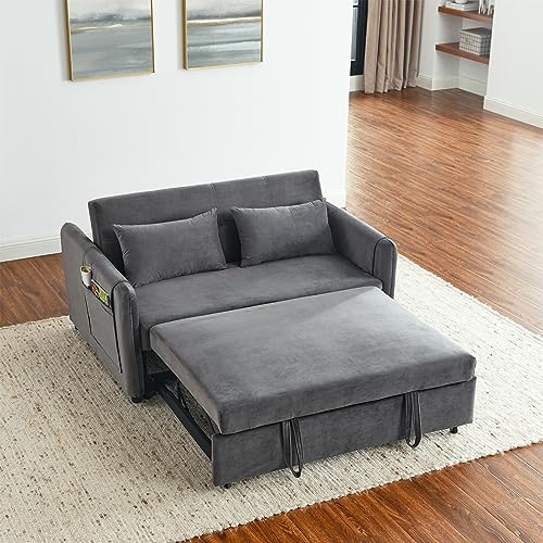 Grey Velvet Convertible Sofa Bed with Pull-out Bed H726479