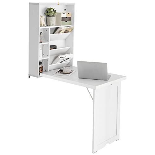 Black Folding Wall-Mounted Desk with Storage Bookcases B12868