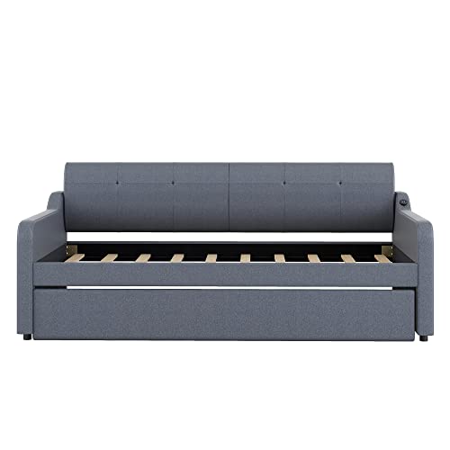 Twin Size Upholstered Wood Day Bed with Pop up Trundle (Grey) P372