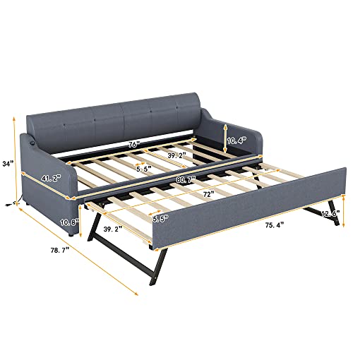 Twin Size Upholstered Wood Day Bed with Pop up Trundle (Grey) P372