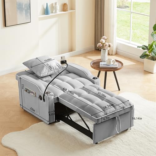 Grey Velvet Convertible Sleeper Sofa Chair Bed Z826