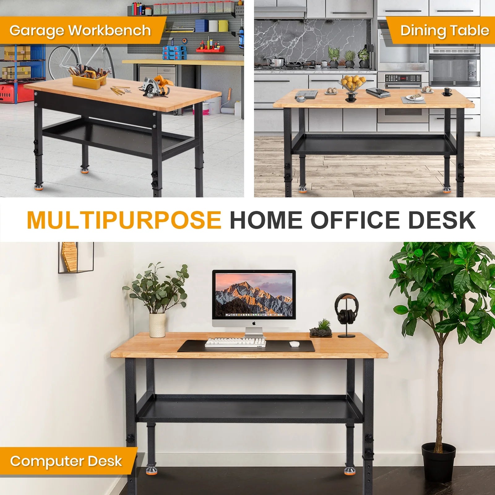 48" Adjustable Heavy-Duty Workbench with Rubber Wood Top J8247