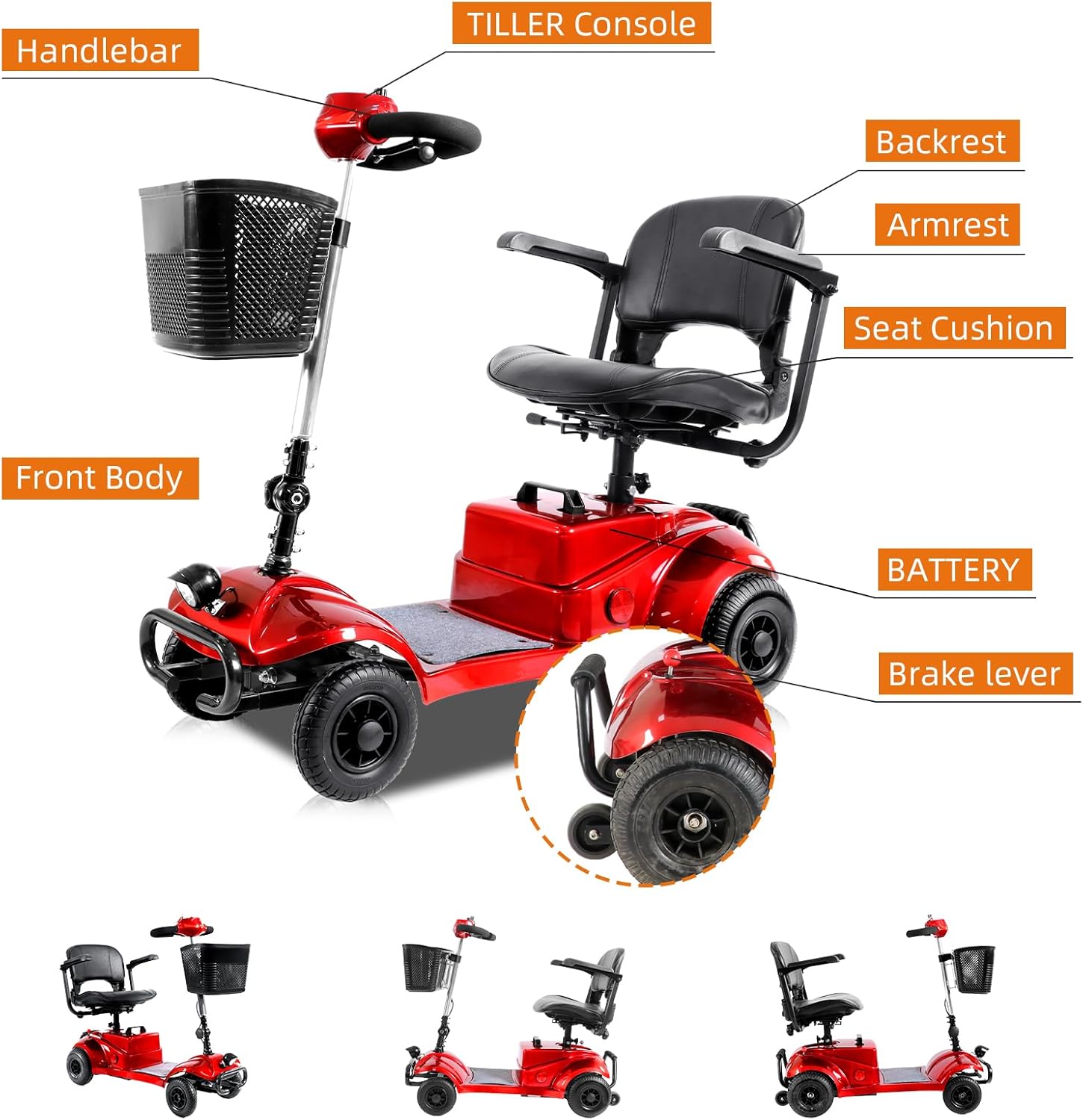 Red Foldable 4 Wheel Mobility Scooter with Basket and Light P832494