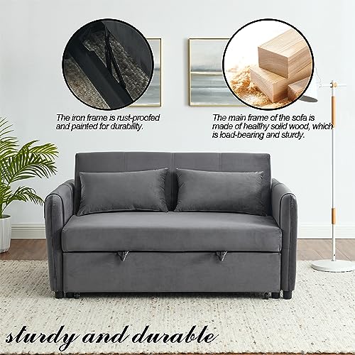 Grey Velvet Convertible Sofa Bed with Pull-out Bed H726479