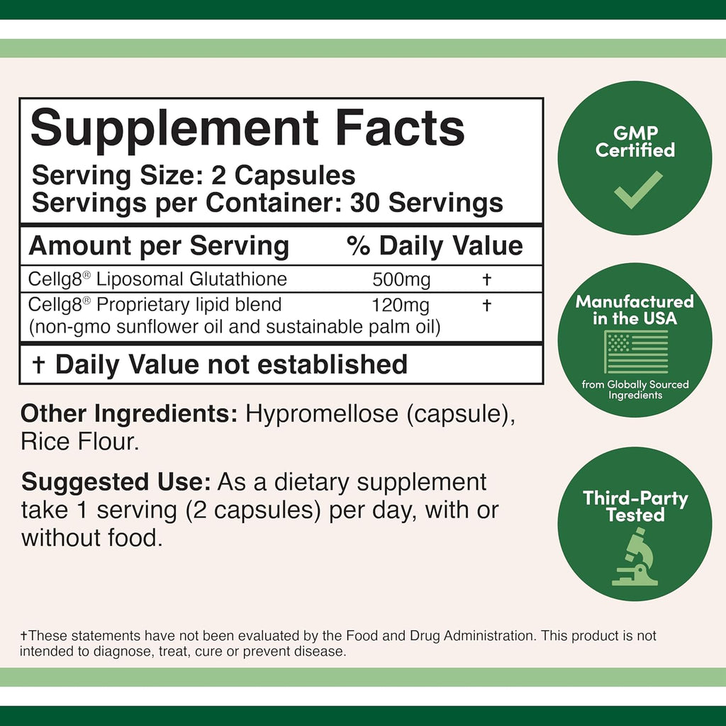 Liposomal Glutathione Supplement 500mg per Serving, 60 Capsules J7639
